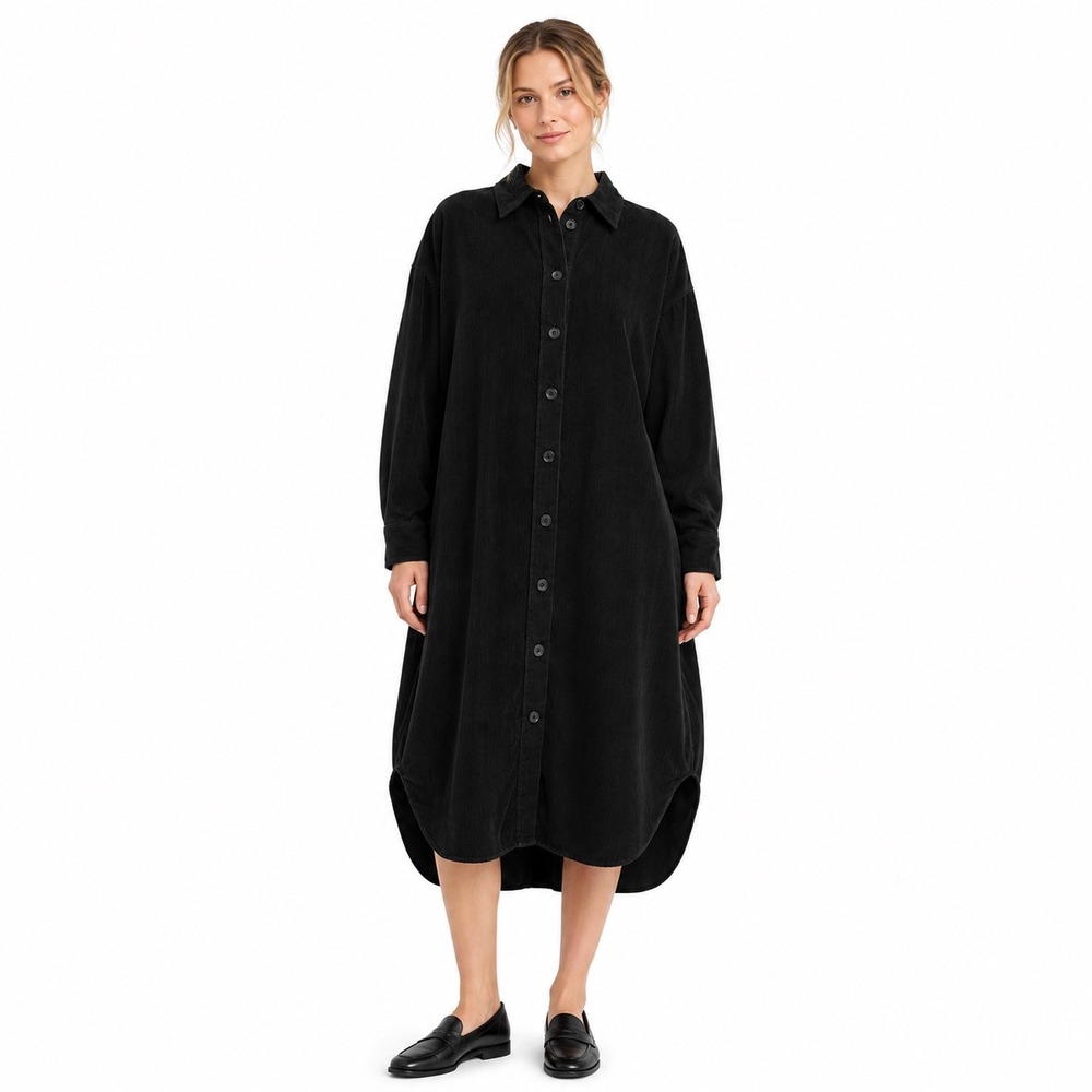 COS Black Corduroy Button Front Midi Shirt Dress Shirttail Hem Pockets Size 12